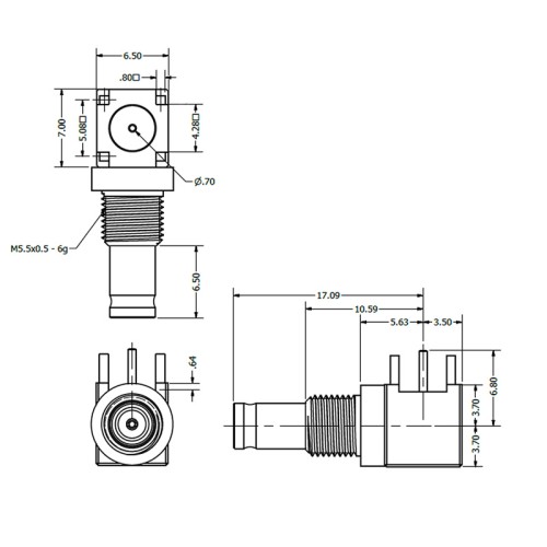 C-SX-086G - PCB Right Angle 1.0 / 2.3 Bulkhead Connector