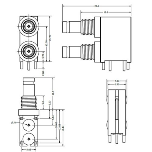 C-SX-115G - Dual Port Right Angled DIN 1.0/2.3 Bulkhead Connector