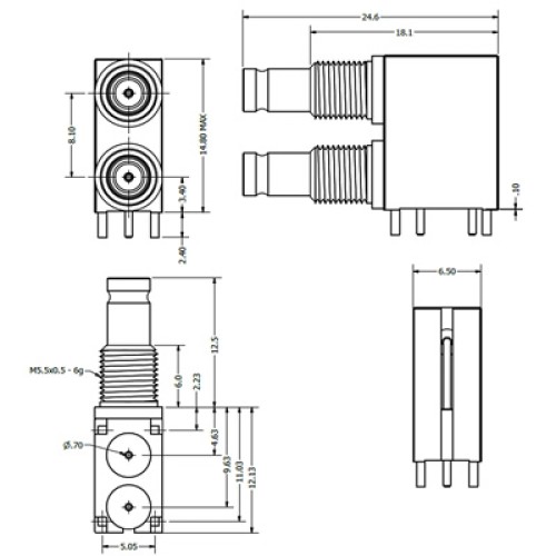 C-SX-137G - Dual Port Right Angle DIN 1.0/2.3 Bulkhead Connector