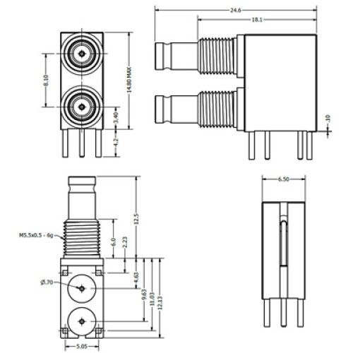 C-SX-167G - Dual Port Right Angled DIN1.0/2.3 Bulkhead Connector