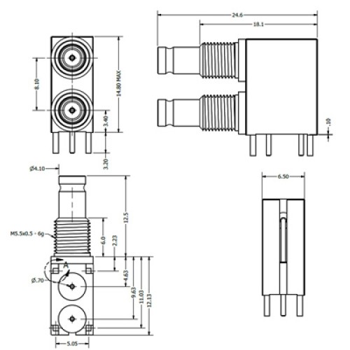 C-SX-181G - Dual Port Right Angle DIN 1.0/2.3 Bulkhead Connector