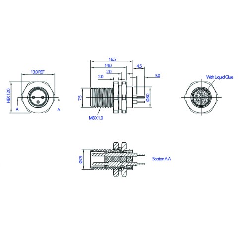 CC08-XXP-FX-PB - M8 Front Fastening Plug (A and B Code)