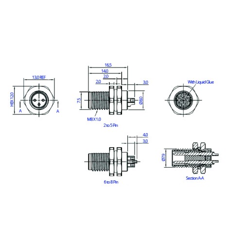 CC08-XXP-FX-PM - M8 Front Fastening Plug (A and B Code)