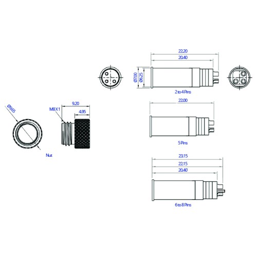 CC08-XXP-X-MM - M8 Plug for Over-moulded Cables (A and B Code)