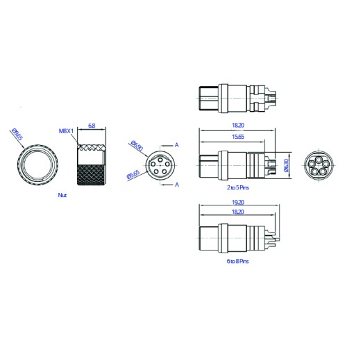 CC08-XXS-X-MM - M8 Socket for Over-moulded Cables (A and B Code)