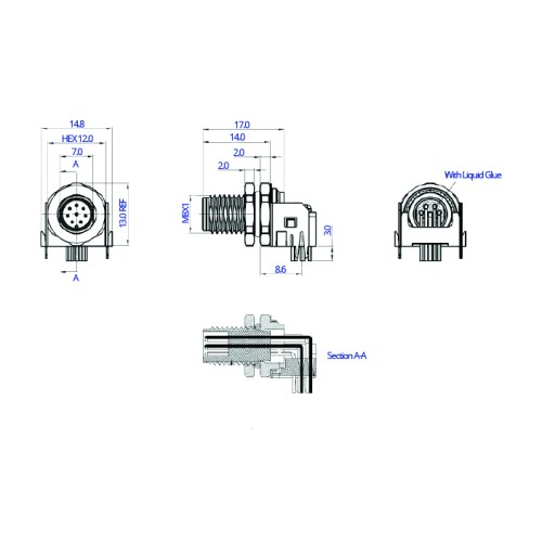 CC08R-XXP-FX-PBS - M8 Right Angle Front Fastening Shielded Plug (A and B Code)