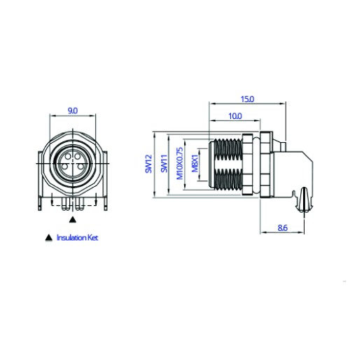 CC08R-XXS-FX-PBS - M8 Right Angle Front Fastening Shielded Socket (A and B Code)