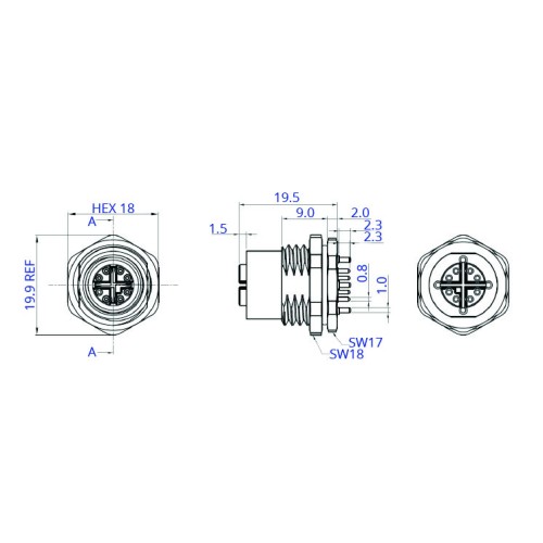 CC12-08S-FX-PBSX - M12 Front Fastening Shielded Socket (X Code)