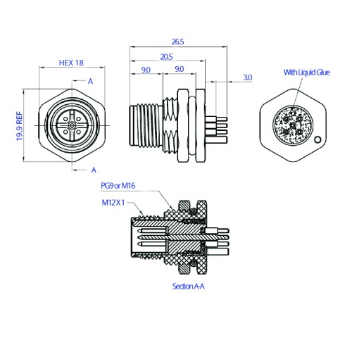 CC12-XXP-FA07-PBSX - M12 Front Fastening Shielded Die Cast Plug (A Code)