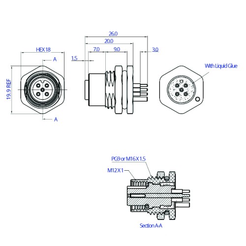 CC12-XXS-FA07-PBSX - M12 Front Fastening Shielded Die Cast Socket (A Code)