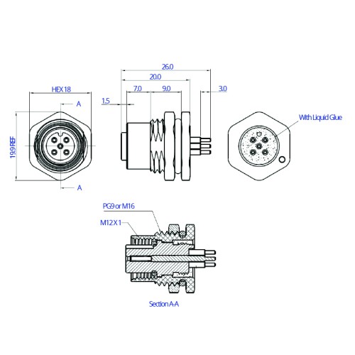 CC12-XXS-FA07-PBX - M12 Front Fastening Die Cast Socket (A Code)