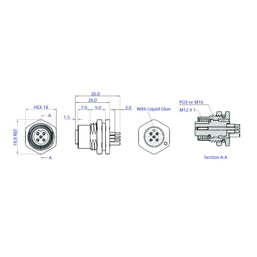 CC12-XXS-FX-PBSX - M12 Front Fastening Shielded Socket (A and D Code)