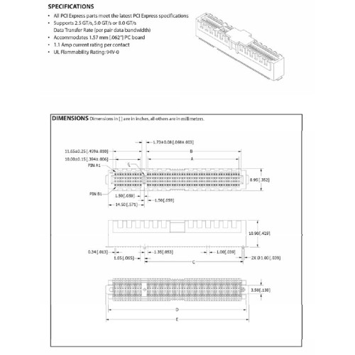 Card Edge Header 1.00mm [.039"] Contact Centres, PCI Express