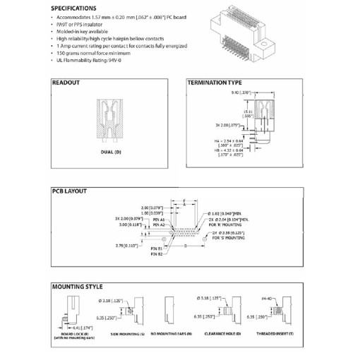 Card Edge Header 1.00mm [.039"] Contact Centres, 21.84mm [.860"] Insulator Height