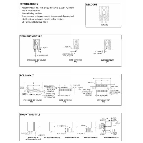 Card Edge Header 1.00mm [.039"] Contact Centres, 15.49mm [.610"] Insulator Height