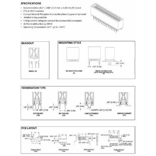 Card Edge Header 1.27mm [.050"] Contact Centres, 12.40 [.488"] Insulator Height