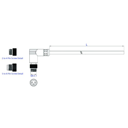 SCM08-XXPXRS-XXXX - M8 Shielded Right Angle Over-moulded Plug Cable Assembly (A or B Code)